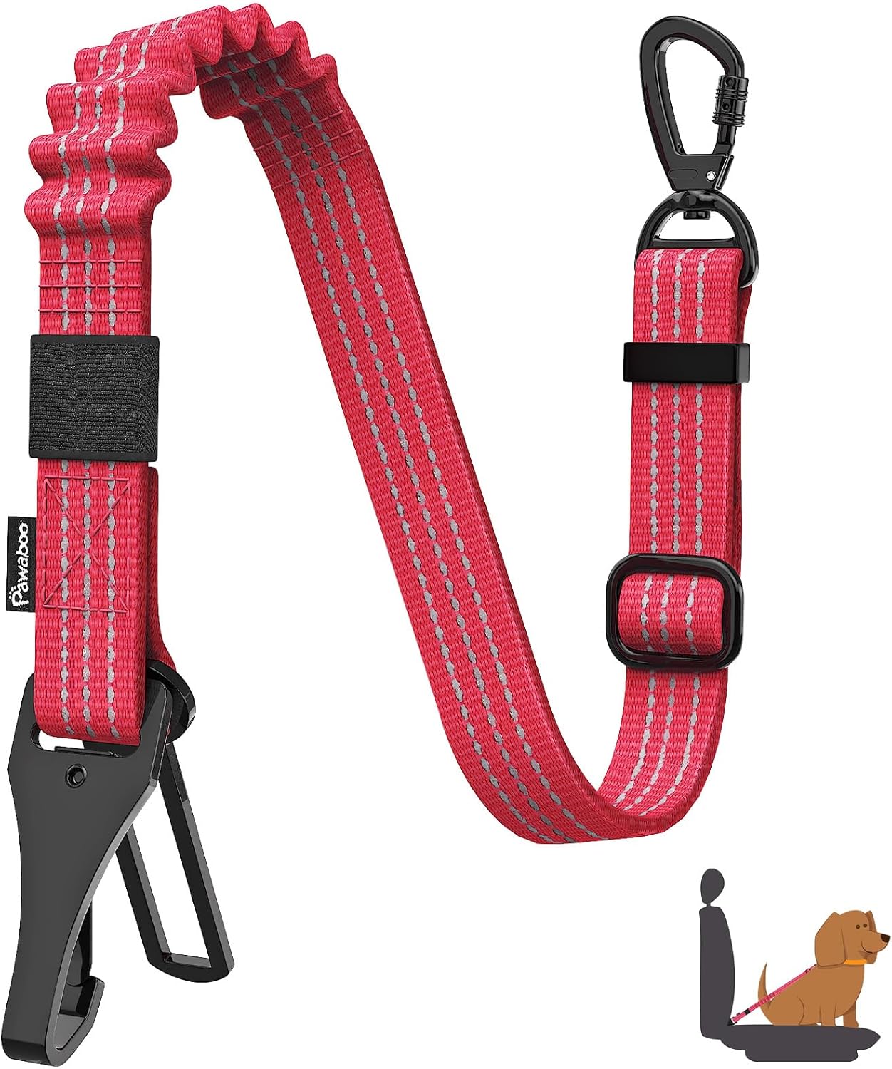 Pawaboo Dog Seatbelt for Car, 3-in-1 Dog Seat Belt Bungee, Shockproof Dogs Tether for Car with Buckle & Hook Latch, Adjustable Reflective Dogs Cars Harness Leash with 360° Lockable Buckle, Red