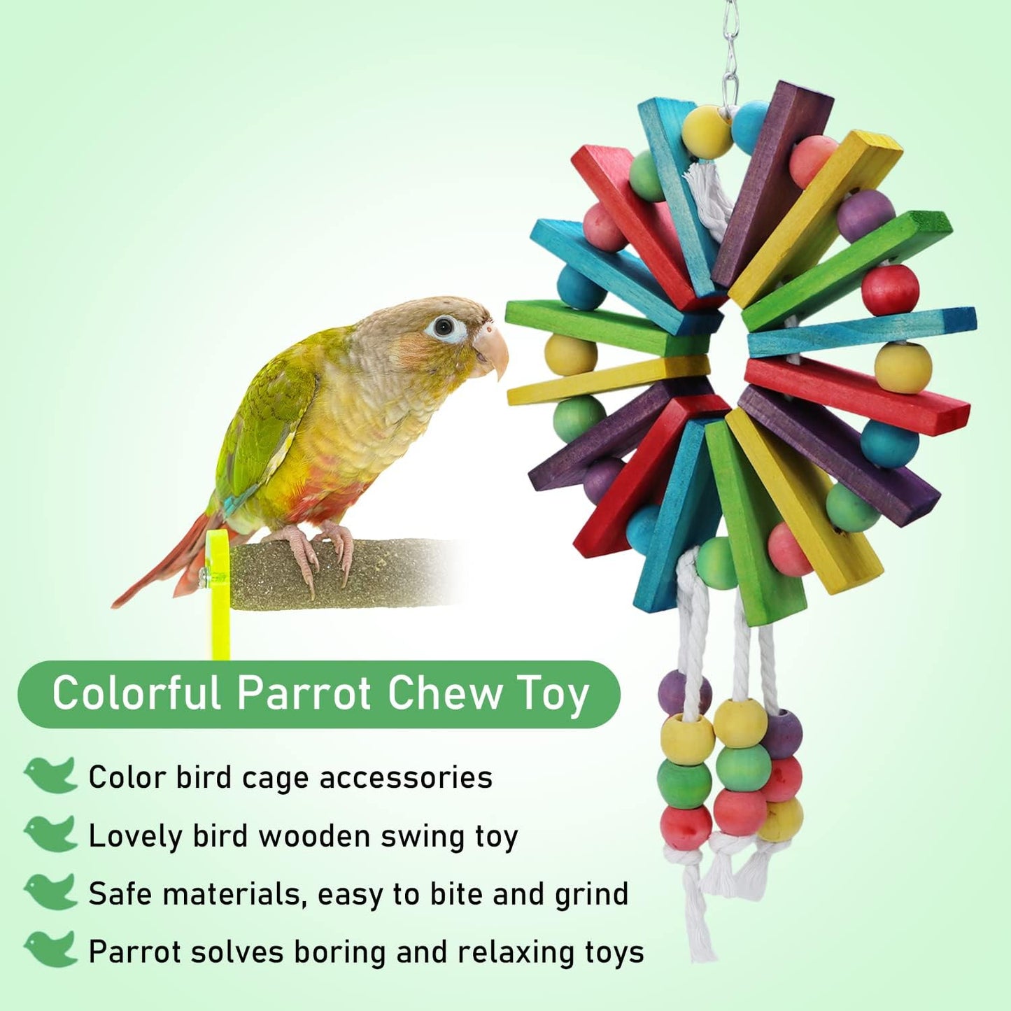 Parrot Hanging Chew Toy Bird Bite Swing with Colorful Wood Beads Bells for Parrot Macaw African Greys Cockatiels Cage Accessories (Colorful Wood Toy)