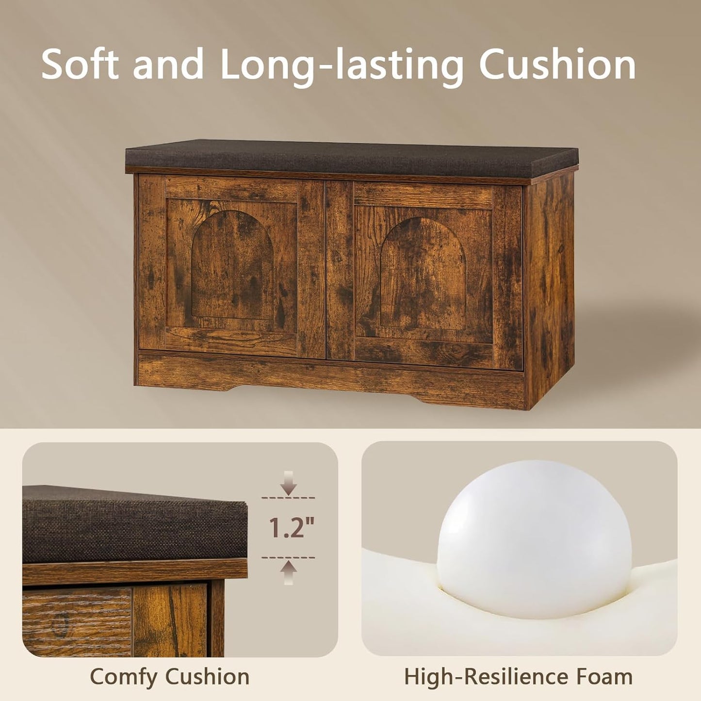 DINZI LVJ Shoe Bench, Entryway Storage Bench with Doors, Cushion, 2-Tier Shoe Rack with 6-Cubby, 31.5”L x 13.8”W Shoe Organizer Cabinet, Adjustable Shelf, Living Room, Bedroom, Rustic Brown