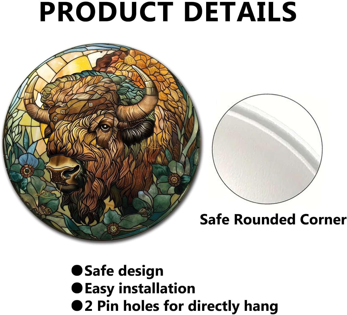 Lygond Metal Sign Tin Sign Circular Stained Glass American Bison Greenhouse Decor for Restaurant 8×8 Inches