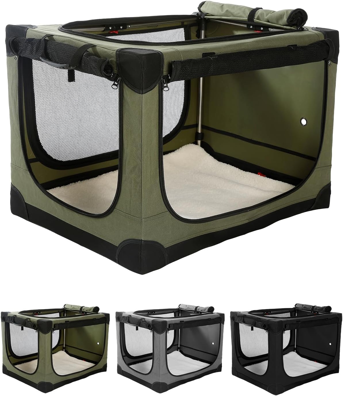 30 Inch Collapsible Travel Dog Crate for Medium Large Dogs, Portable Dog Crate 4-Door Foldable Soft Kennel with Durable Mesh Windows for Indoor & Outdoor Travel, with Storage Bag,Green