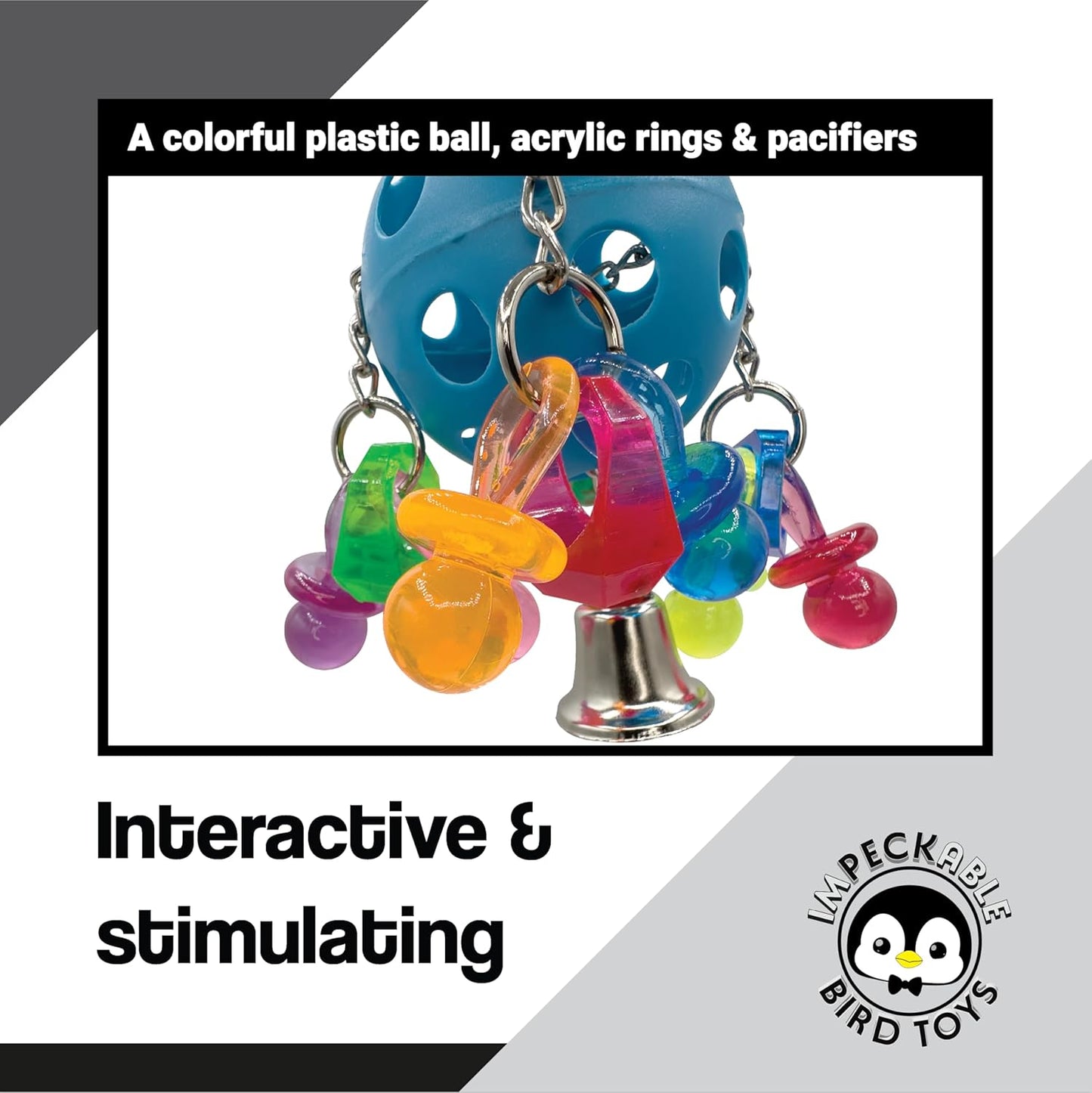 1938 Pacifier Ringer with Acrylic Ring, Pacifiers and Bell – Handcrafted by Impeckable Bird Toys – Great for Conures, African Greys, Amazons and Other Medium Birds