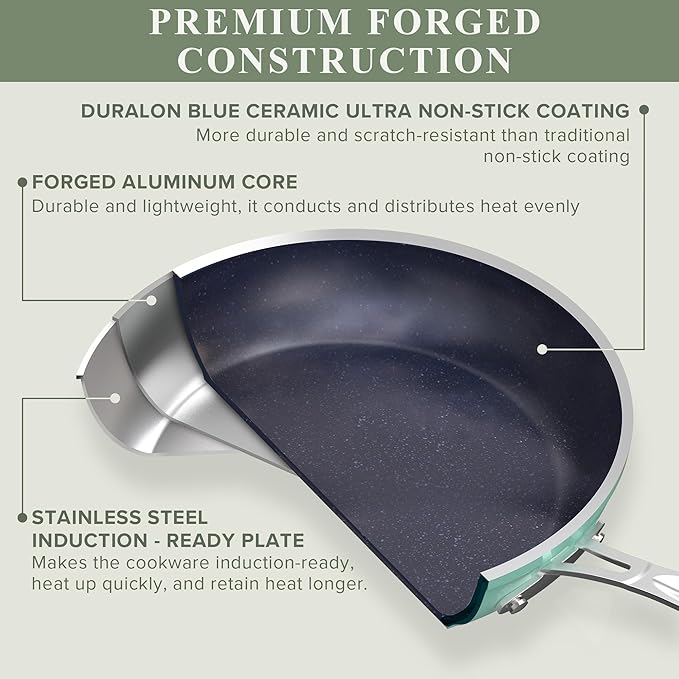 Nuwave Healthy Duralon Blue Ceramic Nonstick Cookware Set, Diamond Infused Scratch-Resistant, PFAS Free, Dishwasher & Oven Safe, Induction Ready & Evenly Heats, Tempered Glass Lids & Stay-Cool Handles