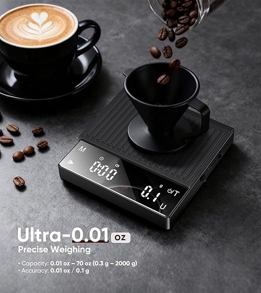 Rechargeable Coffee Scale with Timer, Mini Espresso Scale 2kg/0.1g High Precision Scale for Espresso & Pour-Over Coffee, Portable Digital Food Kitchen Scale