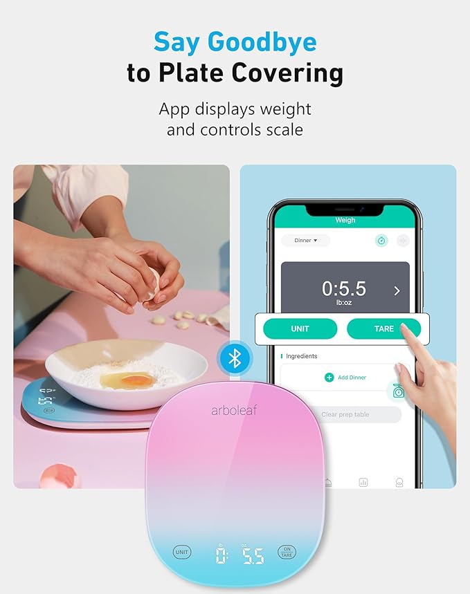 arboleaf Food Scale Rechargeable, Food Scales Digital Weight Grams and oz, Kitchen Scales Digital Weight, Smart Baking Measuring Food Scales for Kitchen Gift, Weight Loss, 0.1oz/0.5g, 22lbs/10kg