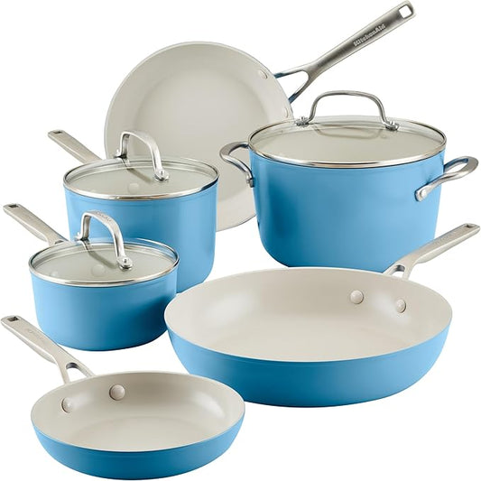 KitchenAid Hard Anodized Ceramic Nonstick Cookware Pots and Pans Set, 9 Piece - Blue Velvet