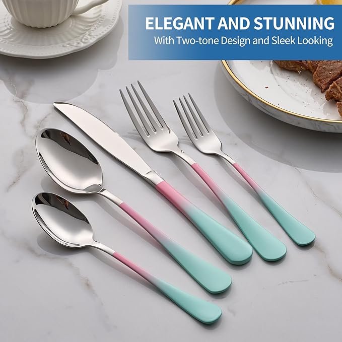 20-Piece pink & green Silverware Set,18/0 Stainless Steel Colorful Handle Flatware Set,Service for 4,Modern Cutlery Set Includes Dinner Knives Forks Spoons, Mirror Polished,Dishwasher Safe
