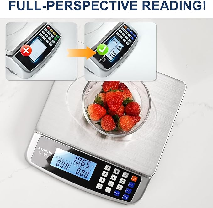 66lb Food Scale, Commercial Kitchen Scale with Price Computing, Plug-in Usable, 0.05oz/1g, 304 Stainless Steel, for Cooking, Vegetables, Farm, Industry, Counting. LC300 Silver