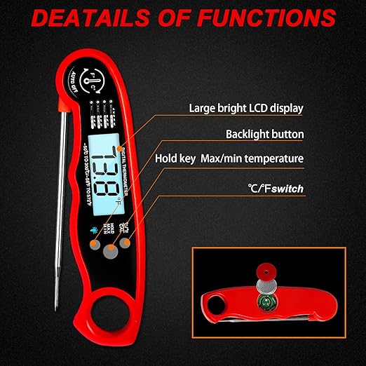 Meat Thermometer Digital for Cooking and Grilling, Collapsible Probe, with Magnet, Calibration, Backlight Waterproof Food Thermometer, Instant Read Thermometer for Kitchen, Meat, Steak, Turkey