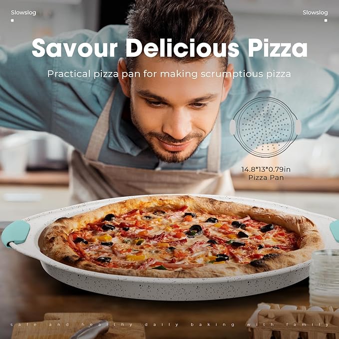 11-Piece Non-Toxic Bakeware Set – Nonstick, Stackable & Oven Safe with Heat-Resistant Silicone Handles – Cookie Sheet, Cake Pan, Muffin Mold, Pizza Tray & Bread Loaf Dish, White & Sky Blue