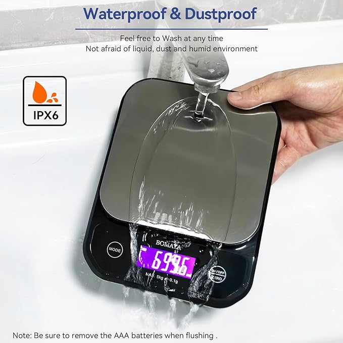 BOMATA Waterproof Kitchen Scale, 0.1g/0.01oz High Precision, 5kg/11lb, Washable, USB Rechargeable, Digital Scale for Food,Cooking, Baking, Weight Loss, Black&Grey