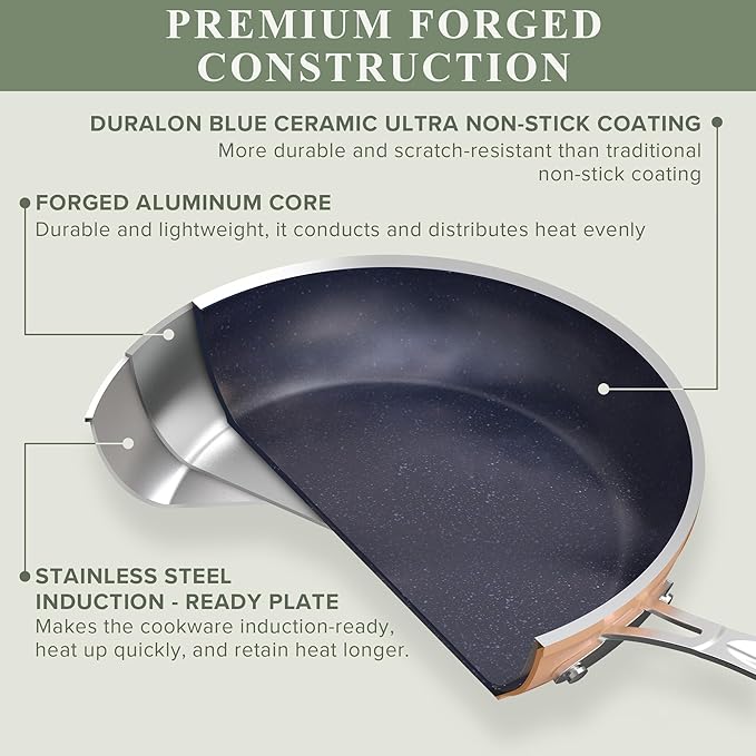 Nuwave Healthy Duralon Blue Ceramic Nonstick Cookware Set, Diamond Infused Scratch-Resistant, PFAS Free, Dishwasher & Oven Safe, Induction Ready & Evenly Heats, Tempered Glass Lids & Stay-Cool Handles