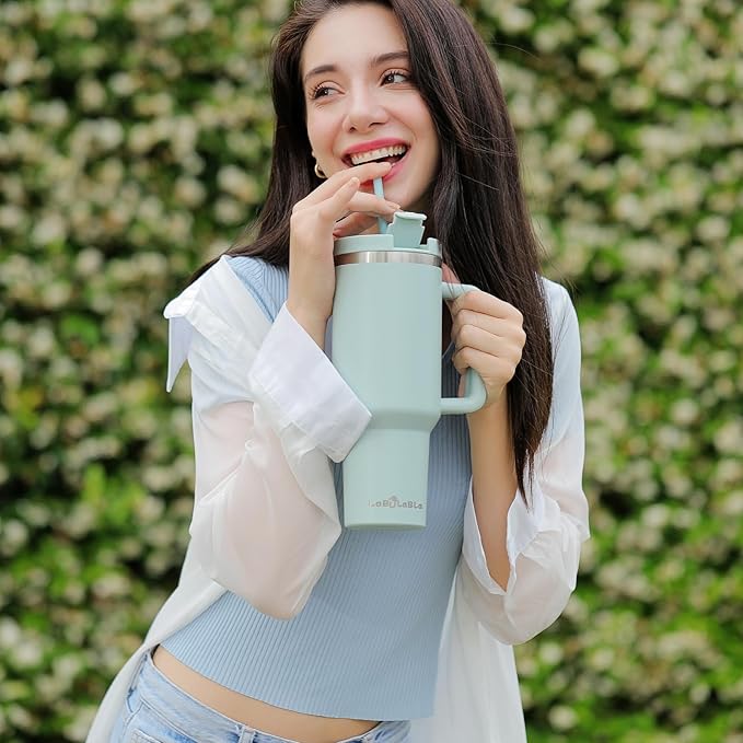 40oz Tumbler with Handle,Double Wall Vacuum Reusable Stainless Steel Insulated Water Bottle,With Leak Proof lid and Straw for Iced or Cold Beverages (Blue Haze)