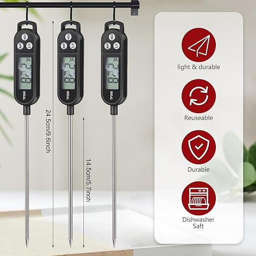 6 Pcs Instant Read Meat Thermometer with Long Probe 9.65 Inch Kitchen Cooking Food Candy Waterproof Digital Thermometer for BBQ Water Milk Yogurt Liquid Cooking(Black)