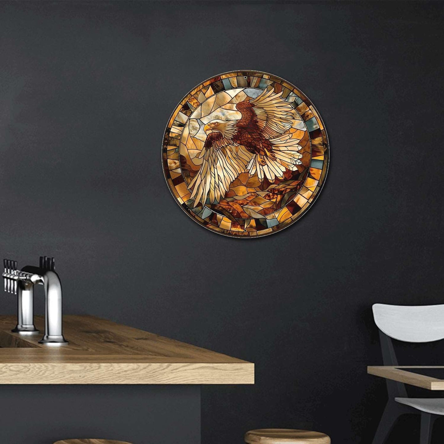 Lygond Metal Sign Tin Sign Circular Stained Glass Eagle Funny Gardening Gift For Restaurant 8×8 Inches