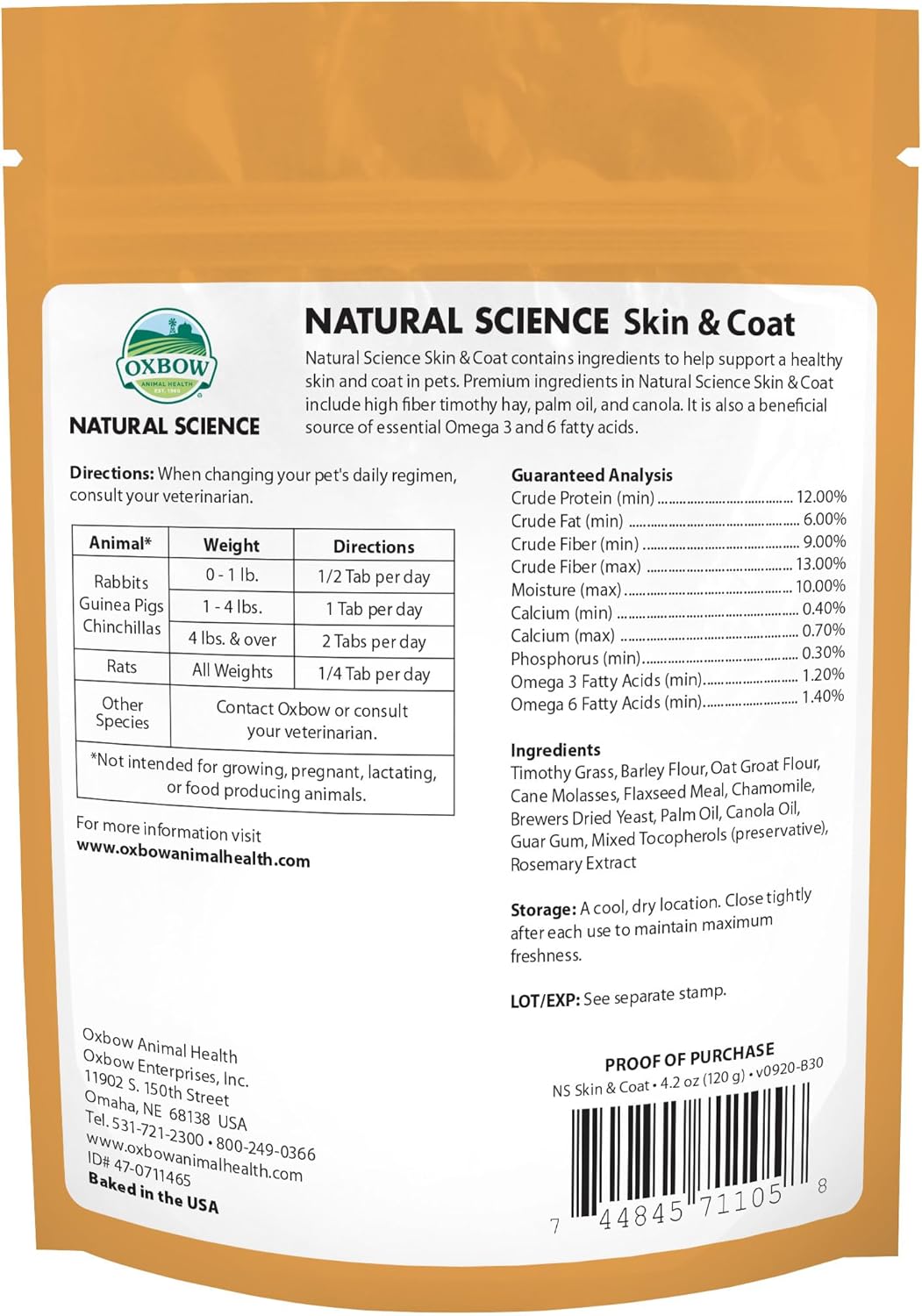 Oxbow Animal Health Natural Science Skin & Coat Support, Supplement for Rabbit & Guinea Pig, Made with Oxbow Timothy Hay, Includes Palm Oil & Omega 3 & 6 Fatty Acids, Made in USA, 4.2 oz Bag