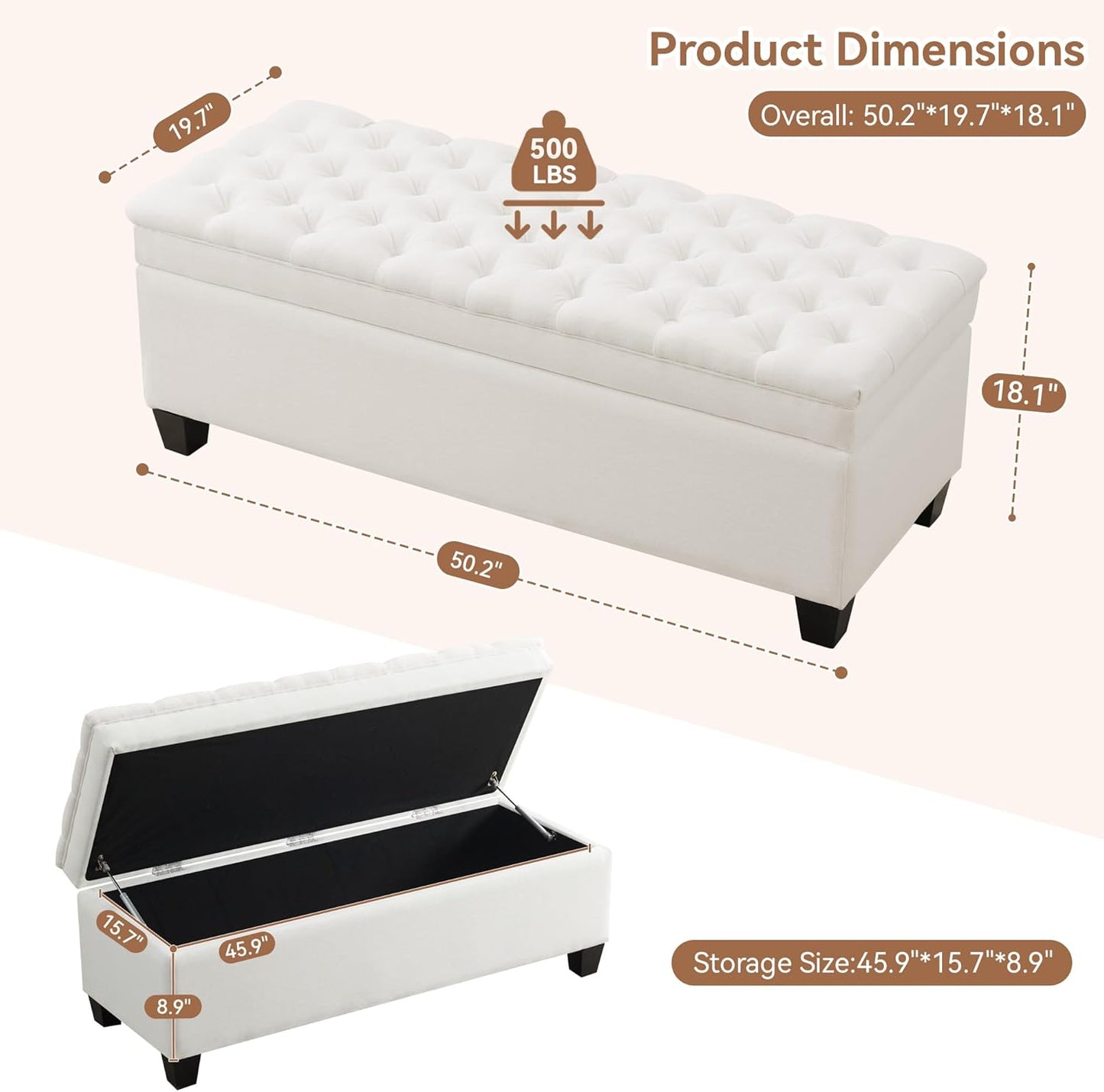 51" Fabric Storage Ottoman Bench, Upholstered Rectangle End of Bed Storage Ottoman Tufted Living Room Bedroom Bench with Safety Hinge, Solid Wood Legs, Loads 500 lb(Beige)