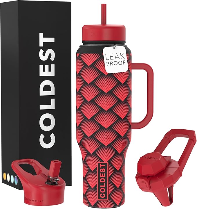 Coldest Tumbler with Handle and Straw, 100% Spill Proof Tumbler with Straw (3 Lids), Stainless Steel Insulated Leakproof Tumblers for Women Men, Cup Holder Friendly, 46 oz (Red Dragon)
