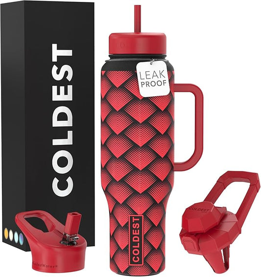 Coldest Tumbler with Handle and Straw, 100% Spill Proof Tumbler with Straw (3 Lids), Stainless Steel Insulated Leakproof Tumblers for Women Men, Cup Holder Friendly, 46 oz (Red Dragon)