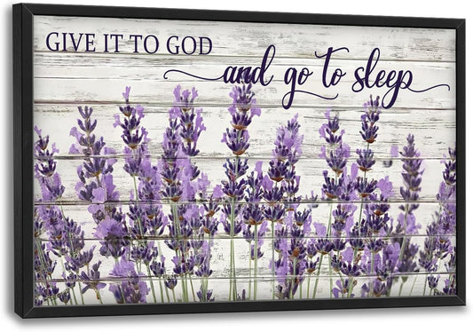 Large Lavender Wall Art for Living Room, Framed Oversized Rustic Floral Wall Decor Christian Give It To God Canvas Painting Modern Artwork for Living Room Bathroom Bedroom Office Dining Room 36"x24"