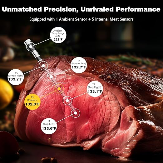 Smart Bluetooth Wireless Meat Thermometer – Wireless Smart Digital Meat Thermometer for Grilling, BBQ, Oven, Smoker, Air Fryer, and Kitchen – Great for Steak, Chicken, Turkey-Black