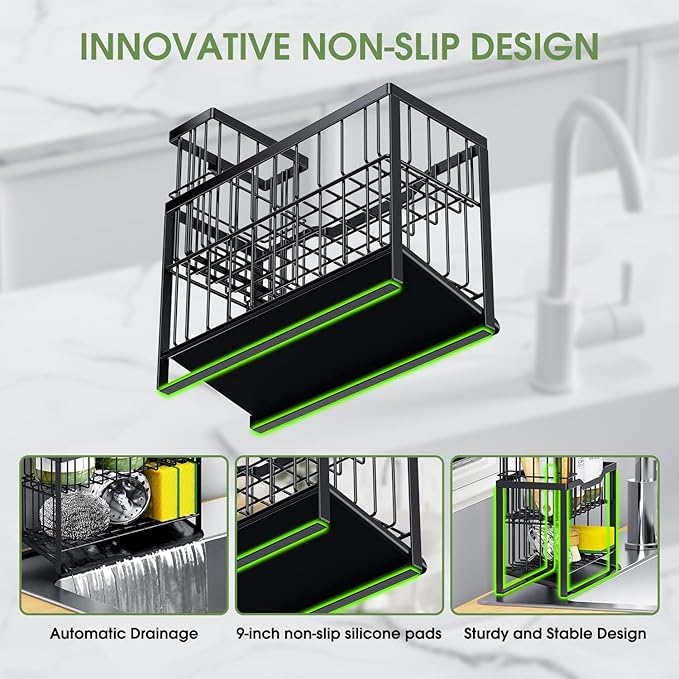 2-Tier Self-Draining Sponge Holder for Kitchen Sink - Rustproof Non-Slip Sink Caddy with Dish Brush Holder & Fits for Most Soap Dispensers - Black