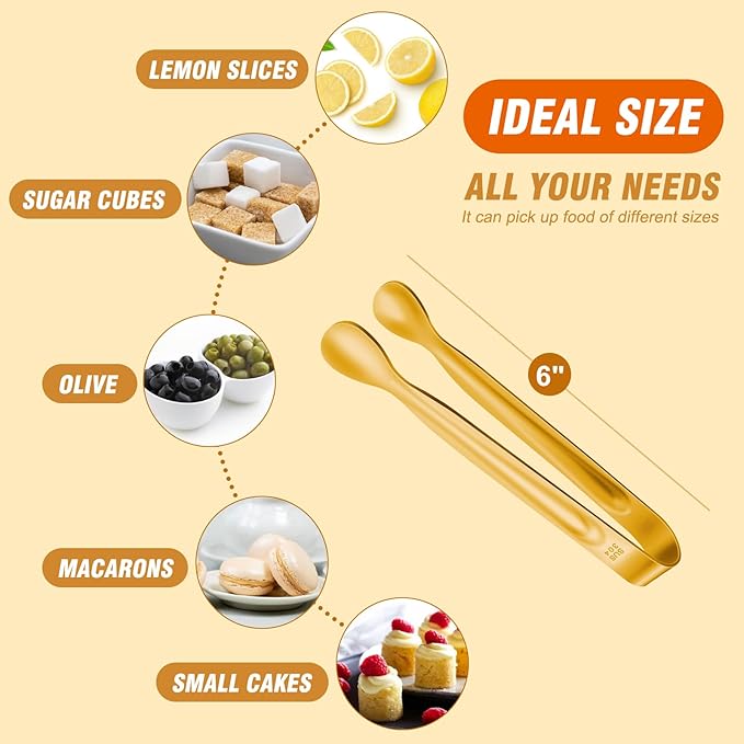 12 PCS Small Serving Tongs, 6" Mini Gold Sugar Tongs, Stainless steel Small Kitchen Tiny Food Tongs for Serving Food, Coffee Bar, Tea Party, Desserts Party and Ice Bucket