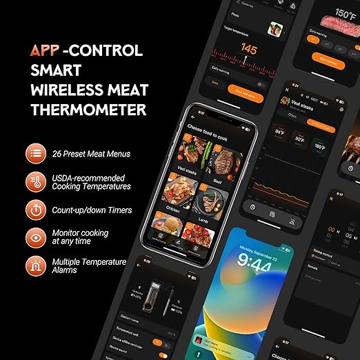 Bluetooth Meat Thermometer - Digital Wireless Meat Thermometer for Grilling and Smoking with IP67 Dual Sensor Probes - Smart App Alert for BBQ, Smoker, Oven, Grill
