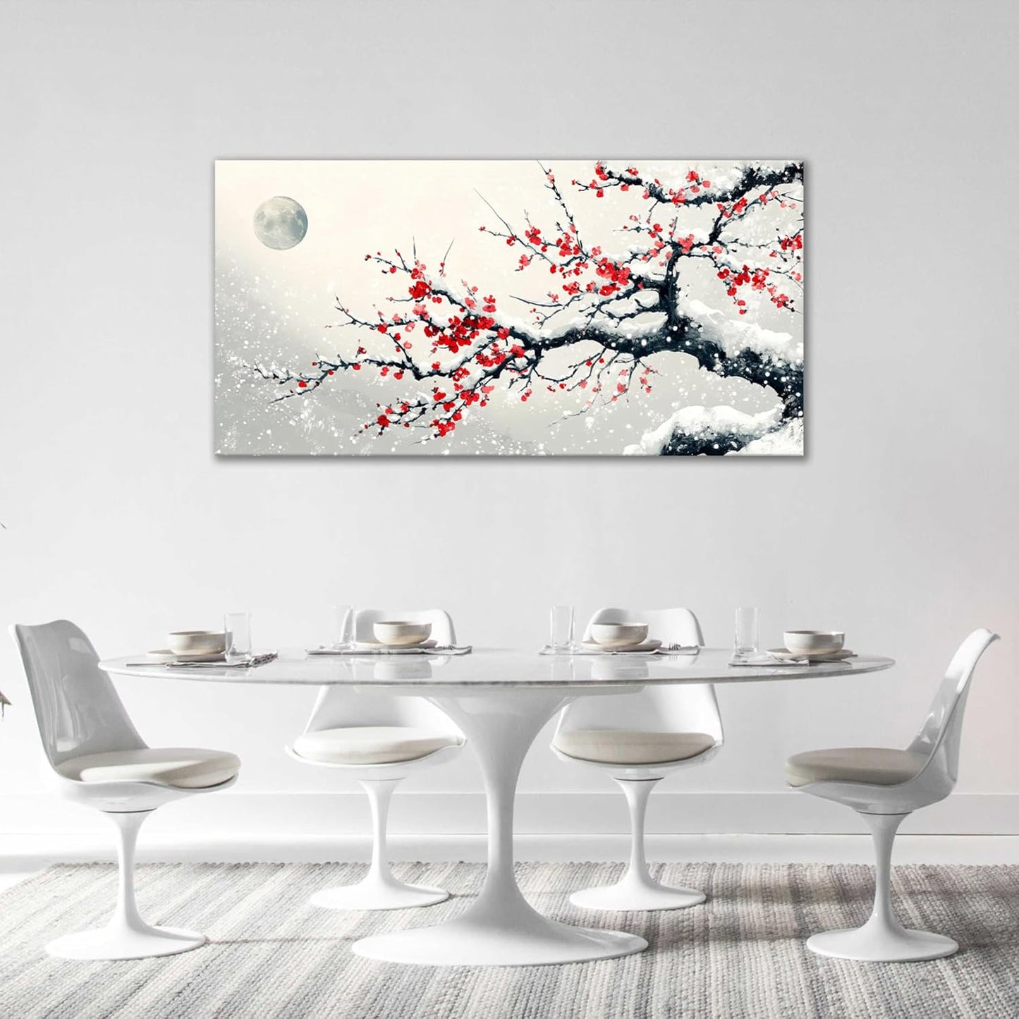Large Flower Blossom Wall Art Snow Winter Canvas Living Room Chinese Floral Pictures Framed Prints Oversize Japanese Wall Decor Painting Artwork for Bedroom Dining 60"x30"