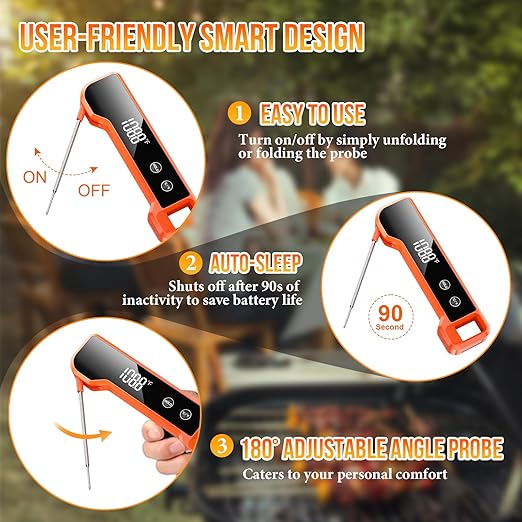 Meat Thermometer Digital Instant Read Food Thermometer for Cooking, Waterproof Kitchen Thermometers with Backlight, Magnet, Auto-Rotating, BBQ Thermometer for Grill Smoker Oil Fry Candy Thermometer