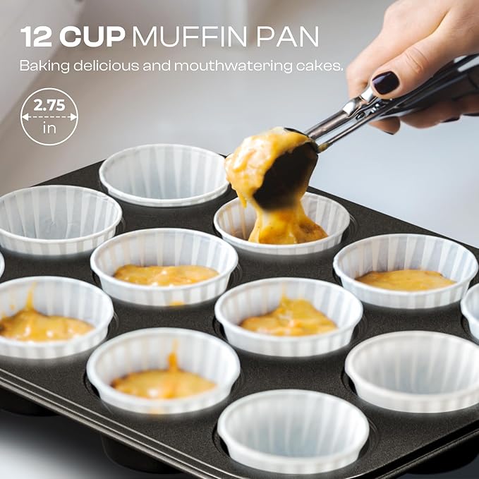 12-Piece Nonstick Bakeware Set, Stackable Non Toxic Baking Pans Set with Rack & Kitchen Utensils, Cookie Sheets Set, Cake Pan, Muffin Pan, Loaf Pan, Roasting Pan, Black