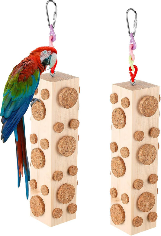2 Pcs Bird Parrot Chew Toys Wooden Foraging Hanging for Birds Parrots Cork Stopper Toys Cage Woodpecker Feeding Toy for Macaws, Small Parakeets Conure Budgies Finches Cockatiel