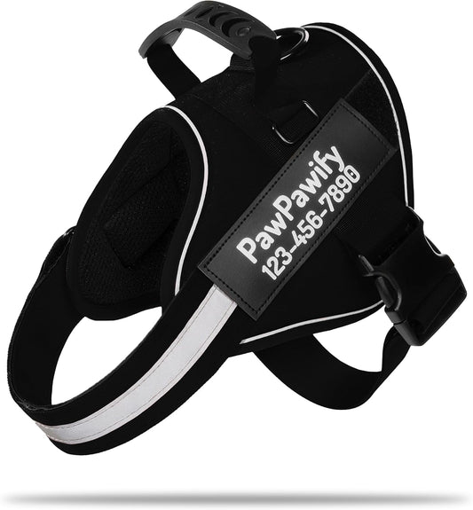 PawPawify Custom No Pull Dog Harness with Name and Phone Number, Heavy Duty Personalized Pet Vest to Prevent Tugging, Pulling, or Choking, Training and Walking (New Black, L (40-60 LBS))