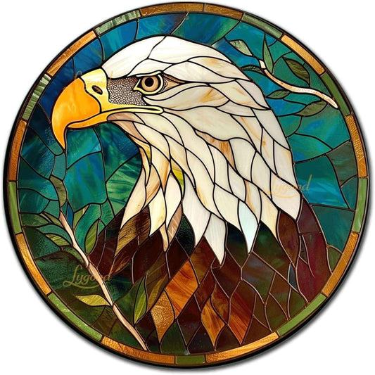 Lygond Metal Sign Tin Sign Circular Stained Glass Bald Eagle Boho Decorations for Home for Bar 8×8 Inches