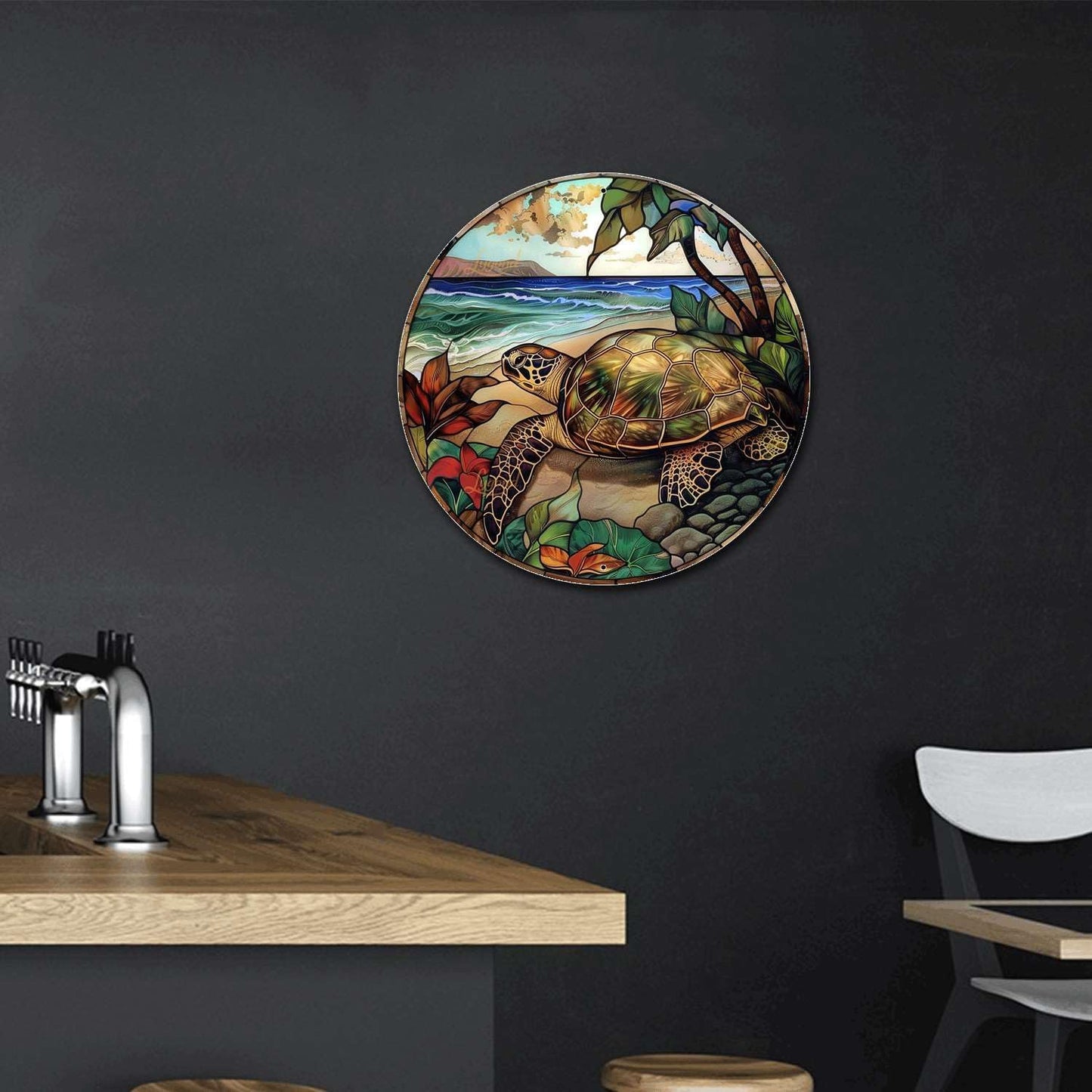 Lygond Metal Sign Tin Sign Circular Stained Glass Turtle Decor Outdoor for Yard 8×8 Inches