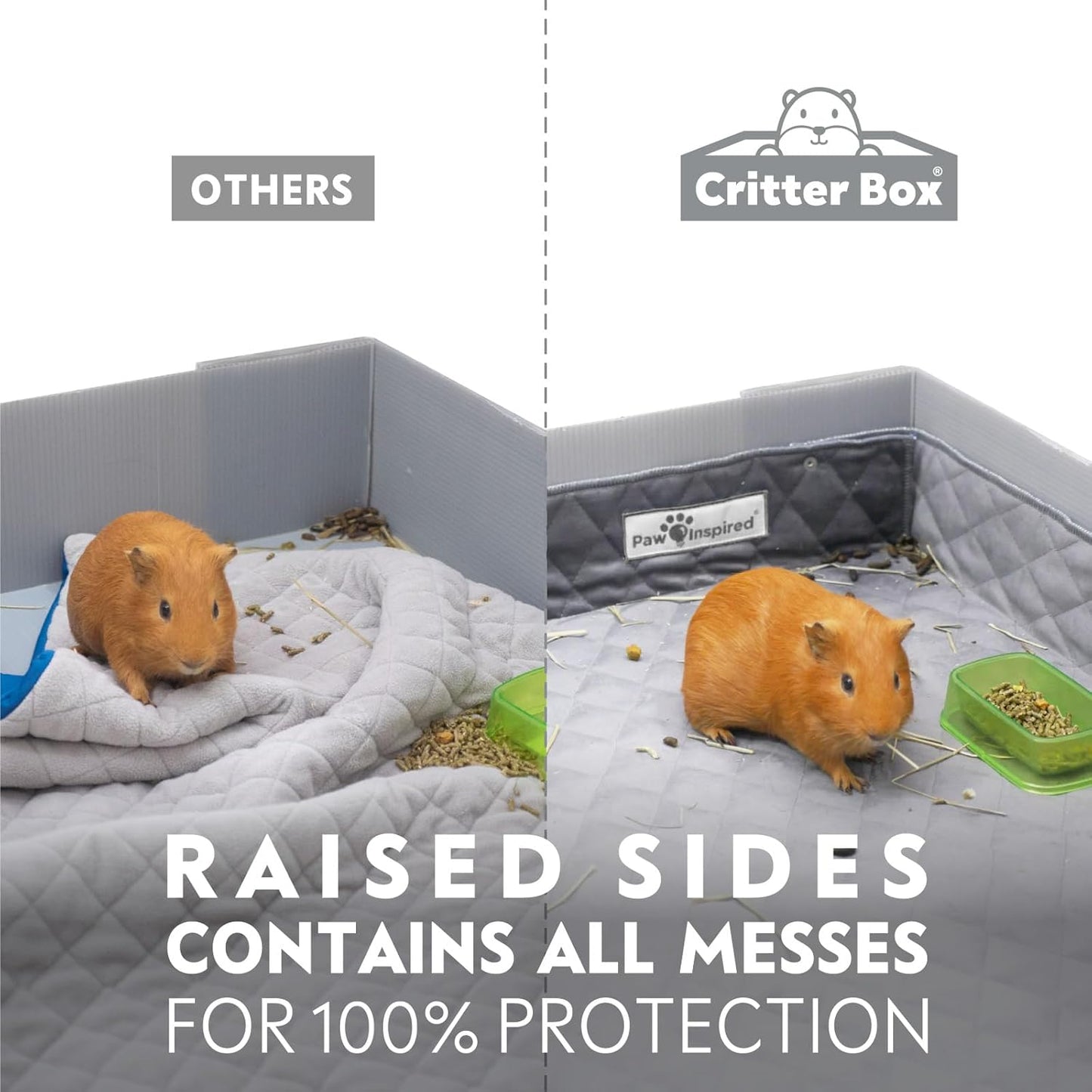 Paw Inspired Critter Box Washable Cage Liner with Raised Sides, Fleece Bedding with Waterproof Bottom, Edge Protected Pee Pads for Guinea Pigs, Rabbits, Hamsters, Small Animals (C&C 2x3 Size)
