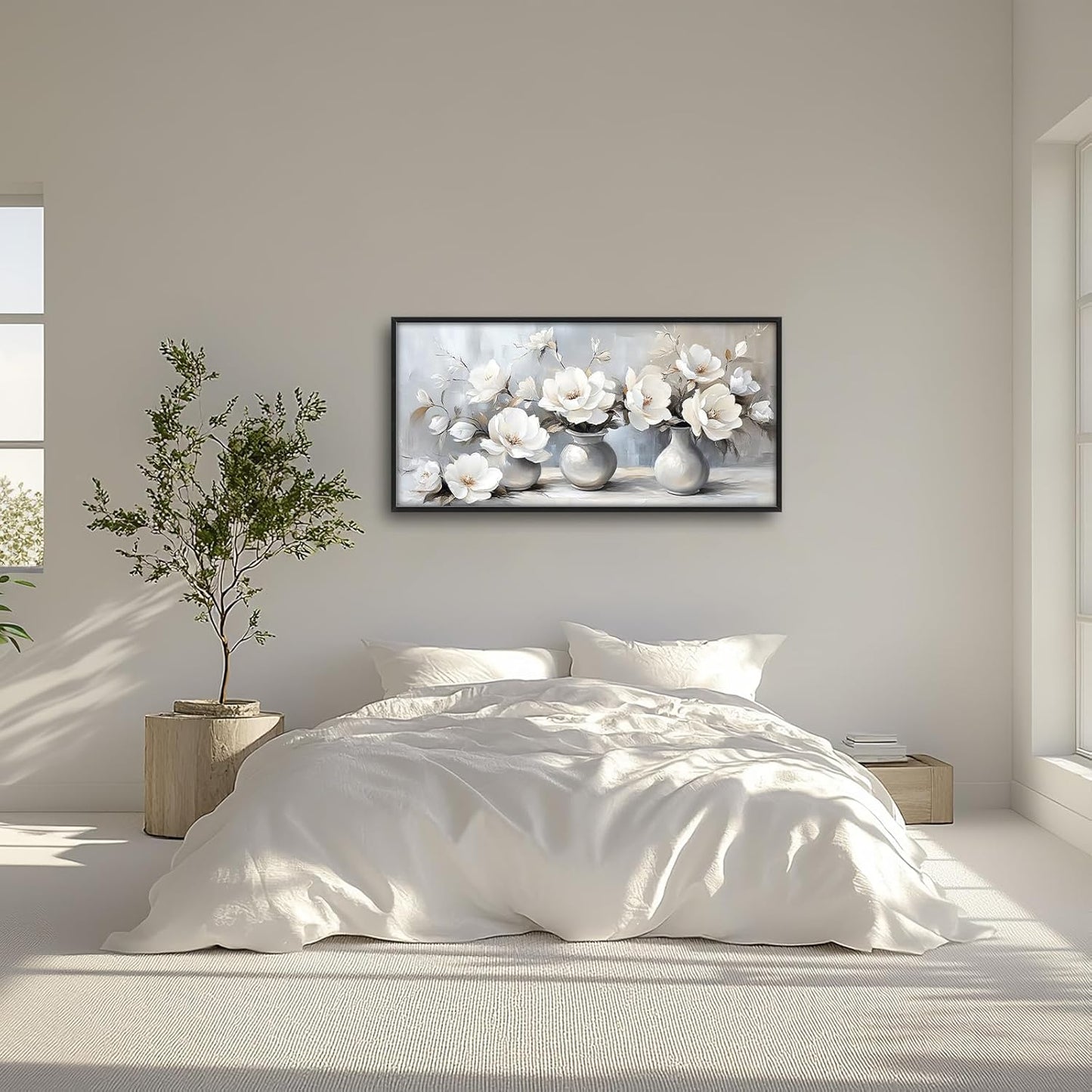 Large Farmhouse Floral Wall Art for Living Room, Framed Oversized White Flower Vase Wall Decor Grey Floral Canvas Painting Pictures Modern Artwork for Bathroom Bedroom Office Dining Room 60"x30"