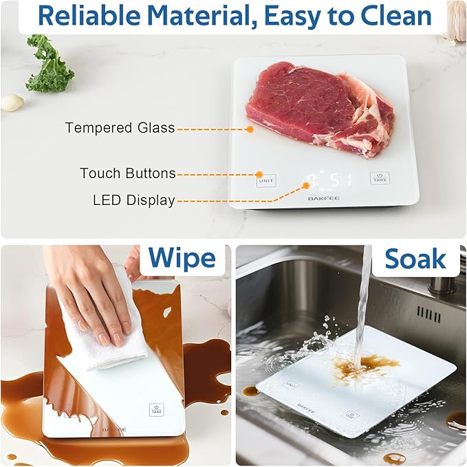 IP67 Waterproof Food Scale with Tempered Glass Surface, 22lb Kitchen Scale 1g Precision, USB Rechargeable, LED Display, Grams and Ounces, for Baking, Cooking, Making Sourdough Bread. White