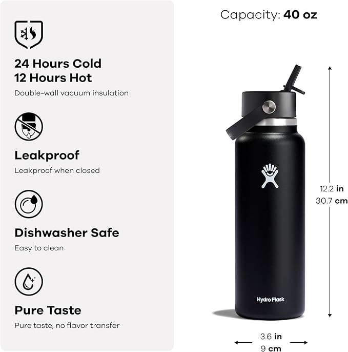 Hydro Flask Water Bottle - Insulated Stainless Steel - Wide Mouth Flex Straw Lid, Non Spill, Leakproof and Refillable in 40 Oz Tonal Oat