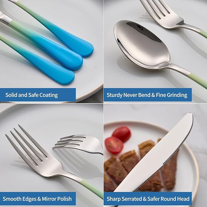 20-Piece Yellow&Blue Silverware Set, 18/0 Stainless Steel Colorful Handle Flatware Set, Service for 4, Modern Cutlery Set Includes Dinner Knives Forks Spoons, Mirror Polished, Dishwasher Safe