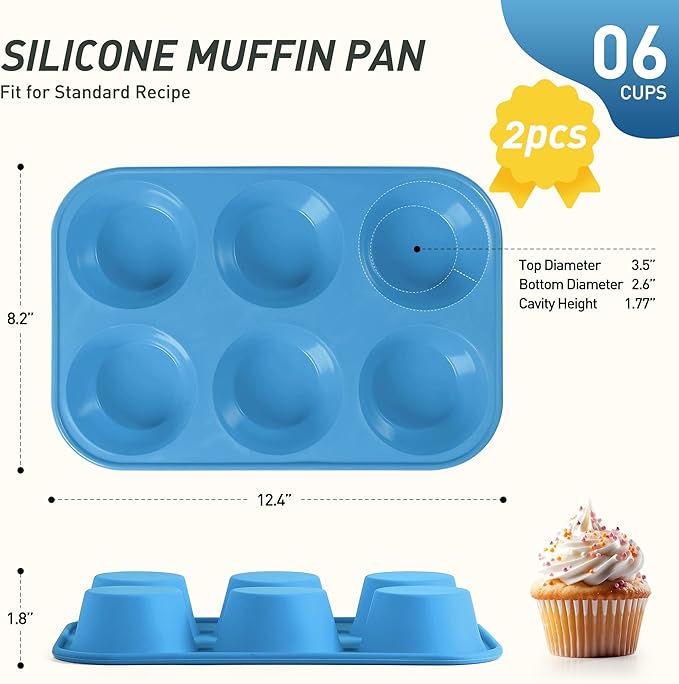2 Pack 6 Cups Jumbo Muffin Pan with Metal Reinforced Frame Silicone Molds Cupcake Cake Baking Pans Oven Safe Silicone Molds Cookie Muffin Pan Tin Best Baking Sheets Non Toxic Clearance