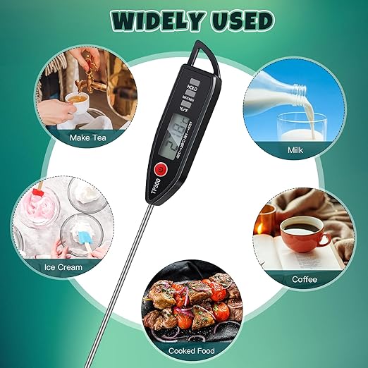 3 Pcs Instant Read Meat Thermometer with Long Probe 9.65 Inch Kitchen Cooking Food Candy Waterproof Digital Thermometer for BBQ Water Milk Yogurt Liquid (Pointed,Black,White,Red)