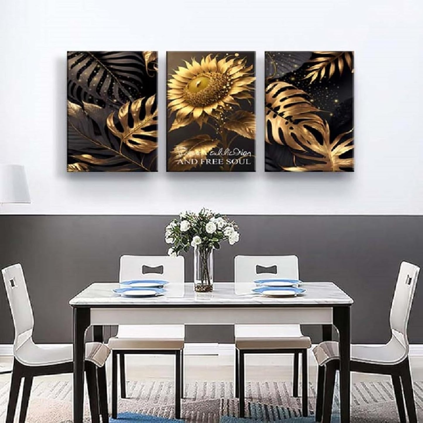 Yxbhhym Bathroom Wall Art Décor Black and Gold Leaf Poster Art Prints Sunflower Canvas Wall Art Paintings Flower Wall Pictures for living room Hallway Décor office Bedroom Decorations