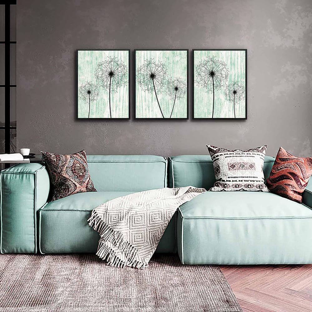 AHUASJART Black Framed Wall Art for Living Room Wall decor for Bedroom Room Decor light green background Pictures Dandelion Paintings posters kitchen Home Decorations 3 Piece Framed Prints Artworks