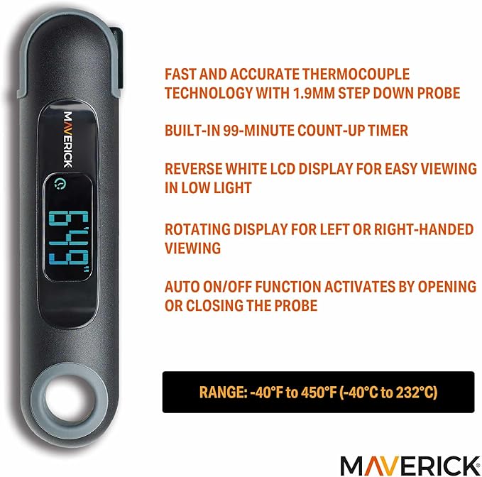Maverick PT-75 2-in-1 Digital Instant-Read Thermometer with Built-in Automatic Count Up Timer Great for Meat, Grill, Barbecue & Kitchen
