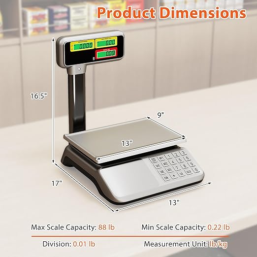 Goplus 88lb/40kg Commercial Food Scale with Pole Dual LCD Display, Digital Price Computing Scale with Counting Function, Rechargeable & Battery Powered, Produce Scale for Farmer Market, Not for Trade