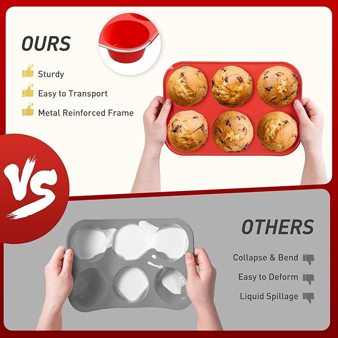 2 Pack 6 Cups Silicone Jumbo Muffin Pan with Metal Reinforced Frame Silicone Molds Cupcake Cake Baking Pans Egg Bites Muffin Tin Tart Pans Bundt Pan Reposteria Accesorios Moldes Para Pasteles