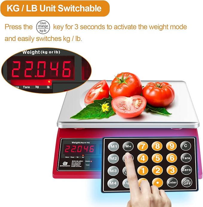 Price Computing Scale 66lb Digital Rechargeable Commercial Kitchen Weight for Produce Food Meat Fruit Vegetable with Dual Display, Give Change Function, 5 Direct Plus Included, Not for Trade