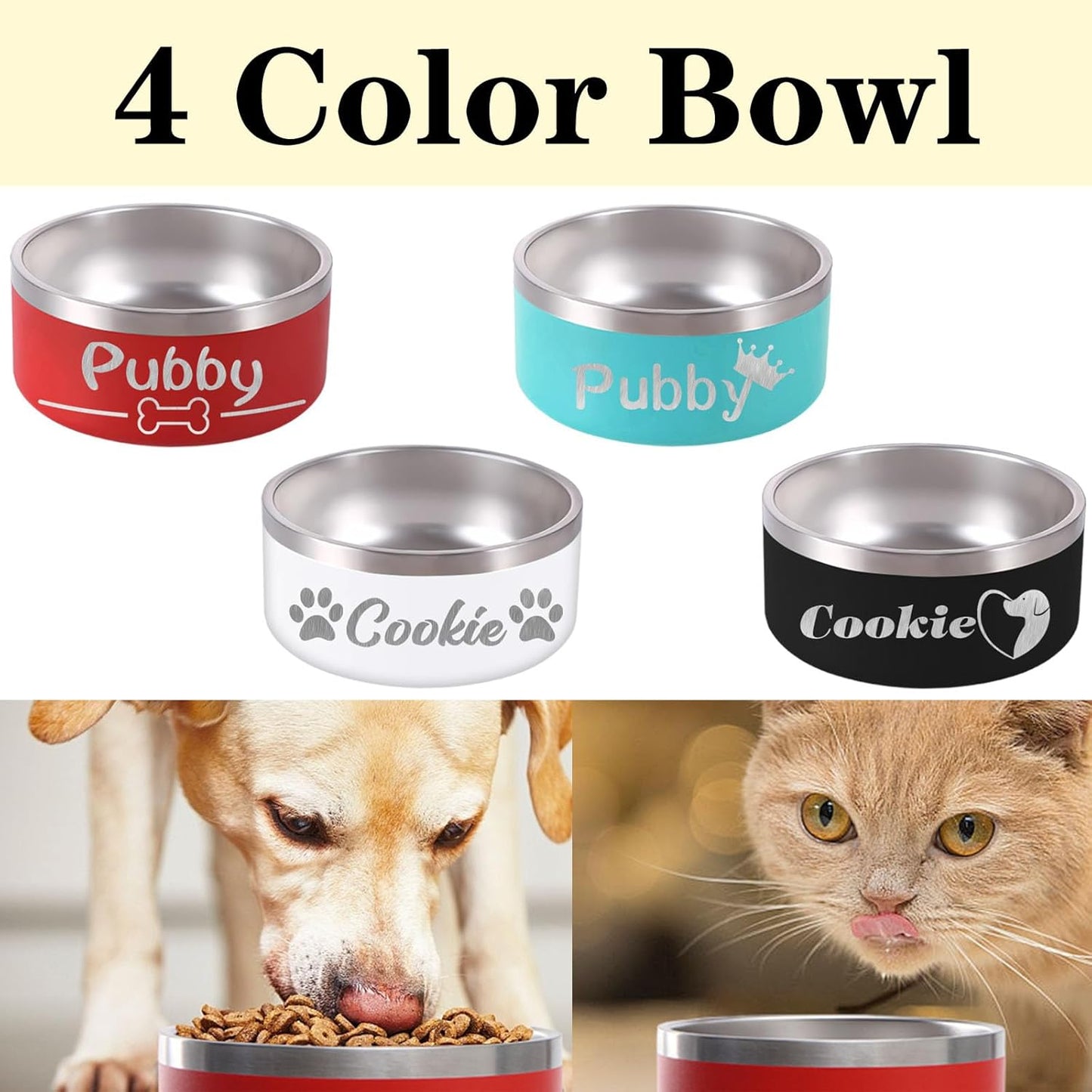 18OZ Personalized Dog Bowl Laser Engraved Custom Pet Name 18/32/42/64 oz No Slip Stainless Steel Insulated Bite-Resistant Food Water Dishes-Black