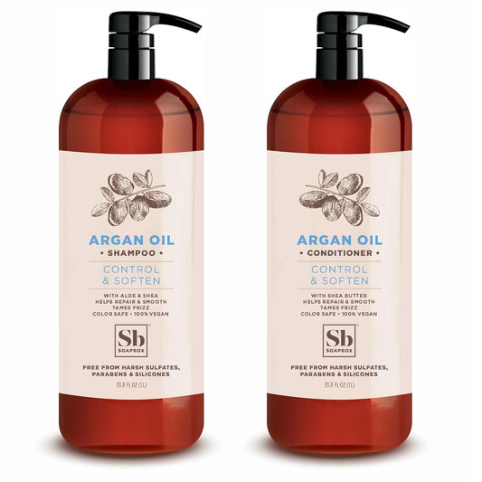 Soapbox Argan Shampoo & Conditioner Set, Volumizing, Vegan, Color Safe, Harsh Sulfate & Silicone Free, 1 Liter Each (Pack of 2)
